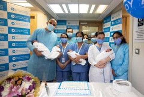 Doctors and nurses with the quadruplets at NMC Royal Hospital, Sharjah.