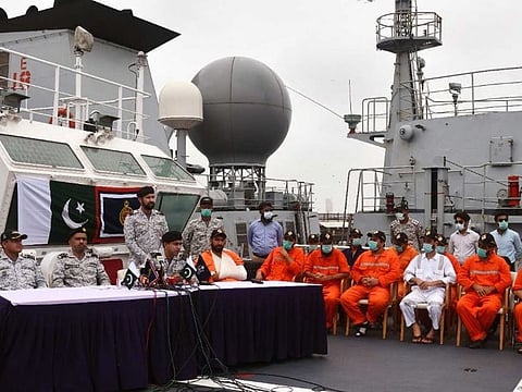 Pakistan Navy and Pakistan Maritime Security Agency conducted a joint operation at 180 Nautical Miles South of Karachi and rescued crew of MV SUVARI H.