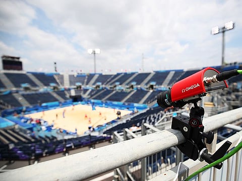 An Omega camera tracking the players from the periphery during an Olympic match.