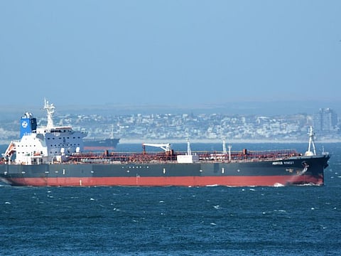 The Mercer Street, a Japanese-owned Liberian-flagged tanker managed by Israeli-owned Zodiac Maritime that was attacked off Oman coast as seen in Cape Town, South Africa, in this file picture obtained from ship tracker website, MarineTraffic.com.