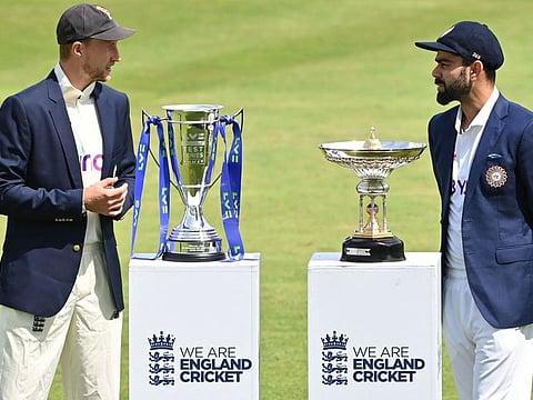 Rival captains Joe Root (left) and Virat Kohli pose with the Pataudi Trophy and the Test series trophy at Trent Bridge Cricket Ground in Nottingham ahead of the Test series.