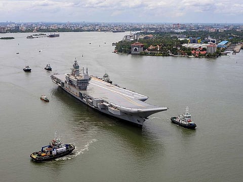 India’s maiden Indigenous Aircraft Carrier (IAC) ‘Vikrant’, built by Cochin Shipyard Ltd., sets off for sea trials off Kochi, Wednesday, Aug 4, 2021.