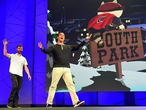 In this file photo taken on June 15, 2015 Matt Stone (left) and Trey Parker arrive at the Ubisoft E3 press conference for their movie in Los Angeles.