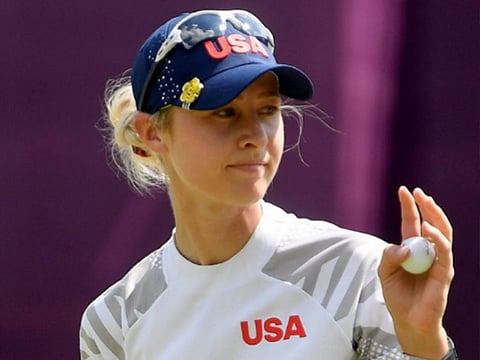 Nelly Korda of the United States gestures as she finishes her round
