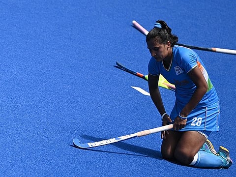 A distraught Rani Rampal after India's 4-3 defeat in the bronze play-off against Great Britain on Friday.