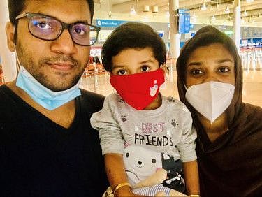 Murthasa Fasal with his wife Sumayya Banu and daughter Aysha Dua. This picture was taken at Dubai International Airport Terminal 2 just before Sumayya and Aysha boarded the ill-fated flight on August 7, 2020.