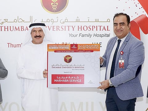 Abdulghaffar Mohammad Abdulghafoor Alhawi, HOD, Center for Advanced Simulation in Healthcare,GMU and Omar Nabi, Manager-Operations, Thumbay University Hospital , Ajman at the launch of Marhaba Service for the patients