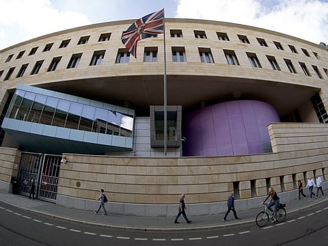 The British embassy in Berlin, on August 11, 2021. German prosecutors say they have detained a British citizen who is accused of spying for Russia while working at the British Embassy in Berlin.