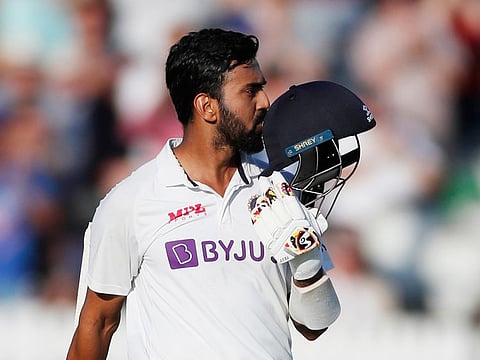 India's KL Rahul celebrates reaching his century on the first day of the second Test against England at the Lord's on Thursday.