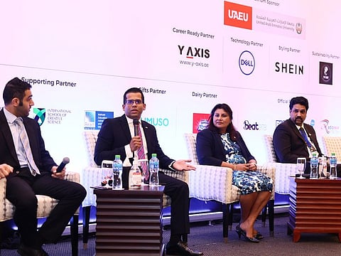 Hameed Al Obaidi, senior admissions counsellor, Rochester Institute of Technology (RIT) Dubai; Gary Fernandes, head of prospect experience, Heriot-Watt University Dubai; Dr Kavita Shukla, associate professor and vice-president, student affairs, Amity University Dubai; and Krishnakumar C. Negade, vice-president, operations, De Montfort University Dubai, at Gulf News EduFair in Shangri-La Hotel, Dubai, on Friday.