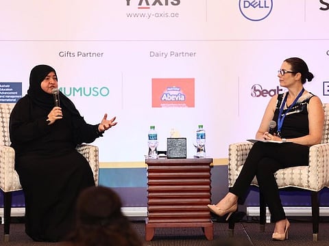 Majd C. Hussain (left), founding principal of the American School of Creative Science-Bukhatir Education Advancement and Management, speaks during the day's second session at Gulf News EduFair at Shangri-La Hotel in Dubai on Friday. Also present is moderator Emma Brain.