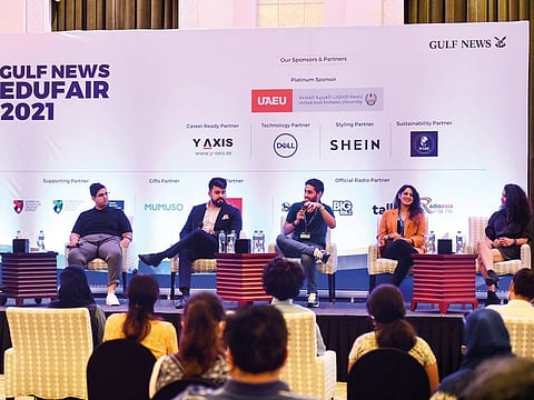 (From left) Farhan Zeb, Sumeet Sawlani, Varun Sharma, Shriya Bhatia and Zainab Fahad during a panel discussion on the third and final day of Gulf News EduFair in Shangri-La Hotel, Dubai, on Saturday.