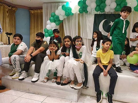 Pakistani children participated in a ceremony hosted by a social media group 'Pakistanis in Dubai' to mark the 75th Independence Day of their country at a restaurant in Sharjah.