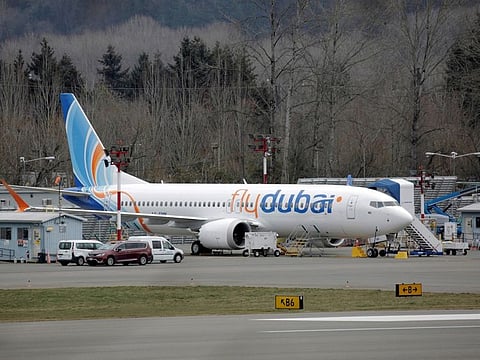 A Boeing 737 Max aircraft bearing the logo of flydubai is parked at a Boeing production facility in Renton, Washington, US.