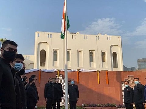 Indian Consul General Dr Aman Puri and other officials at the flag hoisting ceremony at the Indian Consulate in Dubai on Sunday morning.