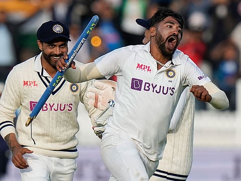 India's Mohammed Siraj celebrates after taking the wicket of England's James Anderson, with India winning the 2nd Test at Lord's