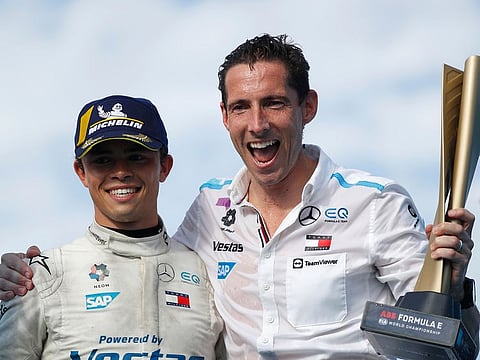 Nyck de Vries, the Mercedes-EQ Formula E Team driver, and Ian James Team Principal, celebrate at the end of the Berlin EPrix.