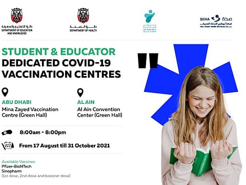 The dedicated centres in the Green Hall at Mina Zayed Vaccination Center in Abu Dhabi and Green Hall at Al Ain Convention Center in Al Ain are open daily from 8am until 8pm until October 31.