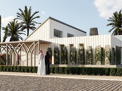 A render of 'Esteem' house by Heriot-Watt University in the UK and Heriot-Watt in Dubai. The house consists of a 3D-printed concrete wind catcher, and bricks made entirely from waste products. Keeping in mind the desert climate, the team designed a strategy to optimise cooling inside the house using an elevated sloped roof, and opening windows and shades around the house.