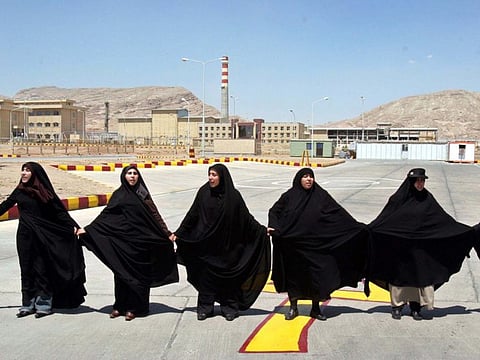 Iranian women form a human chain, at the Isfahan Uranium Conversion Facility, in support of Iran's nuclear programme, just outside the city of Isfahan, Iran, 410km (255 miles) south of the capital Tehran, in a file photo.