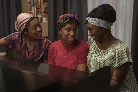 Hailey Kilgore stars as Carolyn Franklin, Jennifer Hudson as Aretha Franklin and Saycon Sengbloh as Erma Franklin in 'Respect'.