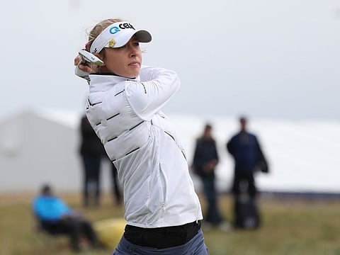 United States' Nelly Korda, world No.1 and champion in Tokyo Olympics, plays the 17th hole during the first round of the Women's British Open golf championship, in Carnoustie, Scotland on Thursday.