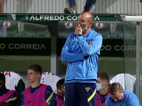 Tottenham’s head coach Nuno Espirito Santo reacts during the Europa Conference League playoffs, first leg, against Pacos de Ferreira.