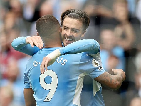 Manchester City's Jack Grealish celebrates his first goal for the club