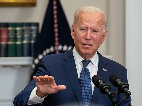 US President Joe Biden speaks in the Roosevelt Room of the White House in Washington, DC, US, on Sunday, Aug. 22, 2021.