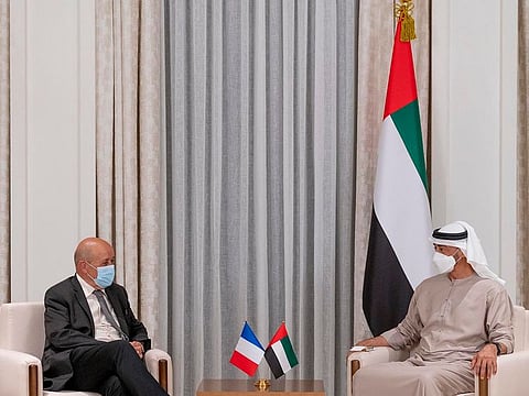 Sheikh Mohammed with French Foreign Minister Jean-Yves Le Drian at Al Shati Palace.