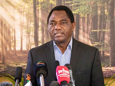 Hakainde Hichilema gives a press briefing at his residence in Lusaka, on August 16, 2021.
