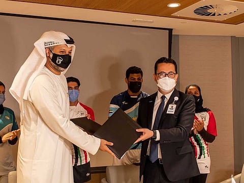 Mohammed Sultan Al Zaabi, Secretary General of UAE Rugby Federation, is seen here with Dr. Fatih Mehmet Gul, CEO of Fakeeh University Hospital.