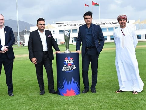 Twenty-20 vision: Pankaj Khimji (right), Chairman of Oman Cricket, with BCCI's Sourav Ganguly, Jay Shah and ICC's Geoff Allardyce, at the announcement of groupings and dates of T20 World Cup at Muscat in mid-July.