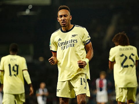 Arsenal's Pierre-Emerick Aubameyang celebrates scoring their fifth goal and his hat-trick.