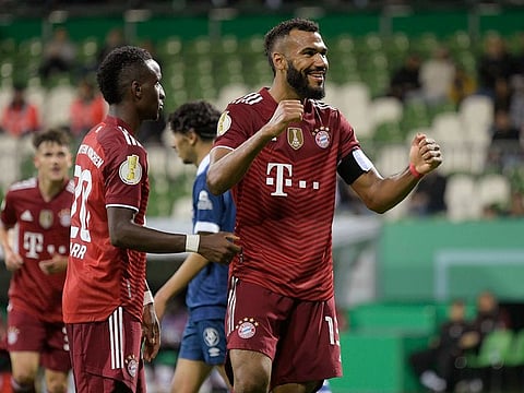 Bayern Munich's Eric Maxim Choupo-Moting celebrates scoring their tenth goal.