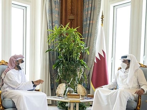 Emir of Qatar Tamim bin Hamad Al Thani (right) with Tahnoun bin Zayed, UAE National Security Adviser.