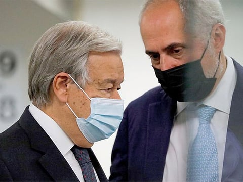 United Nations Secretary-General Antonio Guterres (L) arrives for the United Nations Security Council meets regarding the situation in Afghanistan at the United Nations in New York City, New York.