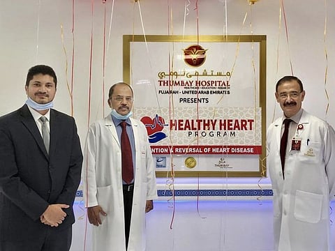 (From left) Dr Shihad Mohammed Abdul Khader, Dr Abdul Rahuman and Dr Osama Mahmoud Rizk from Thumbay Hospital Fujairah at the launch of the webinar.