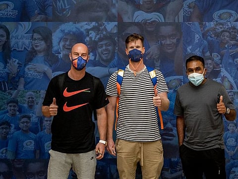 Mumbai Indians' Australian opener Chris Lynn (from left), New Zealand's Jimmy Neesham and head coach Mahela Jayawardene flew into Abu Dhabi from London on Saturday. The reigning champions have already begun practice after completing their quarantine.