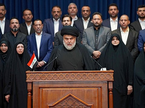 Iraqi cleric Moqtada Sadr delivers a speech in Najaf, the Shiite shrine city in central Iraq where he resides, on August 27, 2021.