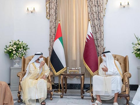 Sheikh Mohammed bin Rashid during his meeting with Sheikh Tamim bin Hamad Al Thani in Baghdad on August 28, 2021.