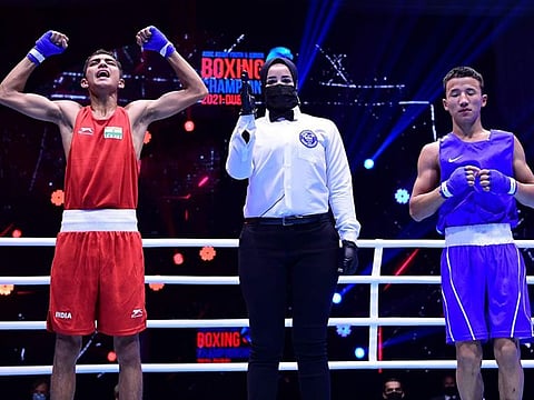 Rohit Chamoli (left) beat Mongolia’s Otgonbayar Tuvshinzaya in a close fight handing India its first gold medal at the 2021 ASBC Asian Youth & Junior Boxing Championships in Dubai today.