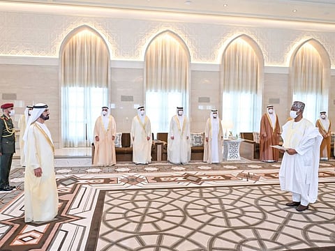 Sheikh Mohammed receives the credentials of Ahmed Ramadan, Ambassador of Ghana to the UAE; Gabriel Abid, Ambassador of Barbados to the UAE; and Justin Hawley, Ambassador of Saint Kitts and Nevis to the UAE.