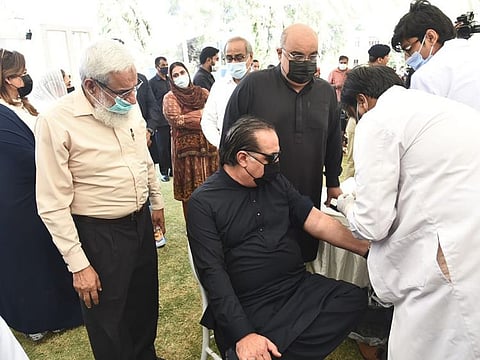 Blood sample of Sindh Governor Imran Ismail being drawn for Thalassemia screening.