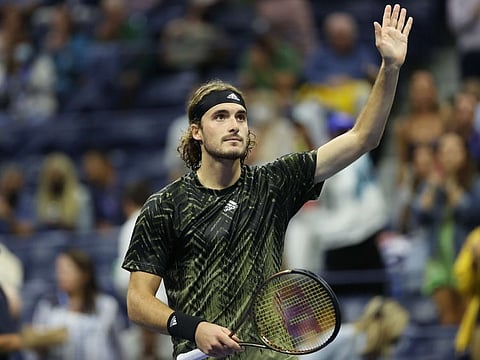 Stefanos Tsitsipas of Greece celebrates a win against Adrian Mannarino of France during his Men's Singles second round match on Day Three of the 2021 US Open at the Billie Jean King National Tennis Center on September 01, 2021 in the Flushing neighborhood of the Queens borough of New York City.