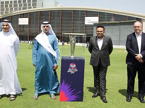 Sheikh Nahyan Bin Mubarak Al Nahyan, Minister of Tolerance and Coexistence and chairman of Emirates Cricket Board (ECB), Khalid Zarooni, vice-chairman of ECB, Jay Shah, secretary of BCCI and Geoff Allardyce of ICC pose with the T20 World Cup winners' trophy at the ICC headquarters in Dubai on Thursday.