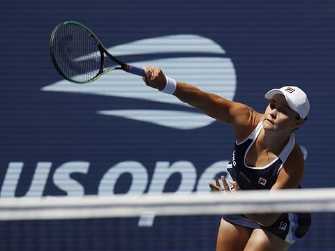 Ashleigh Barty of Australia serves against Clara Tauson of Denmark in a second round match on day four of the 2021 U.S. Open tennis tournament at USTA Billie Jean King National Tennis Center.