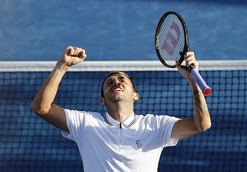 Daniel Evans of Great Britain celebrates after beating Alexei Popyrin of Australia in the third round of the 2021 U.S. Open tennis tournament at USTA Billie Jean King National Tennis Center.