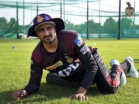 Harbhajan Singh, the master off spinner, loosens up in the first training session of Kolkata Knight Riders in Abu Dhabi.