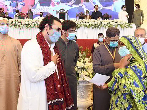 Chairman of PPP, Bilawal Bhutto Zardari, meets one of the beneficiaries of Peoples’ Poverty Reduction Programme in Ghotki District.